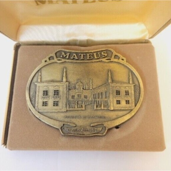Vtg 1970s Mateus Booze Produce Of Portugal Brasstone Belt Buckle With Box - Picture 2 of 6
